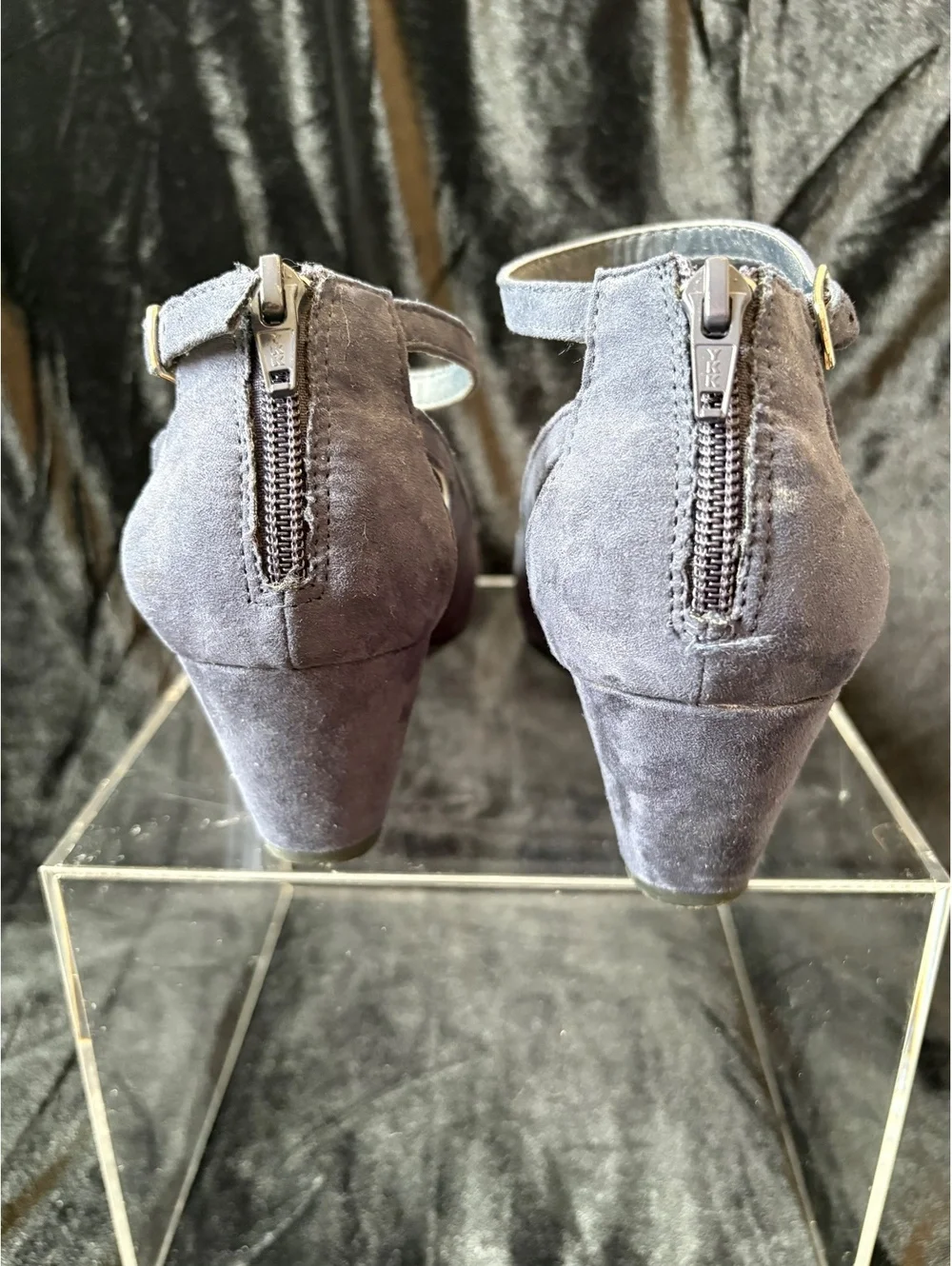 American Rag Gray Suede Ankle Strap Wedge Heels with Back Zipper